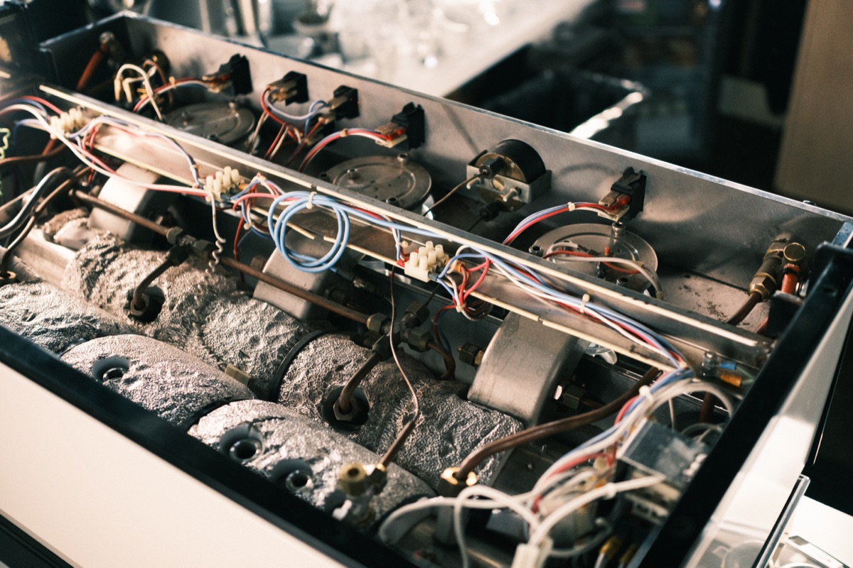 Inside an espresso machine during maintenance